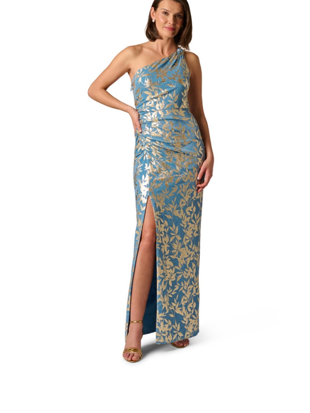 Adrianna Papell Blue and Gold Floral One-Shoulder Maxi Dress with Front Slit.